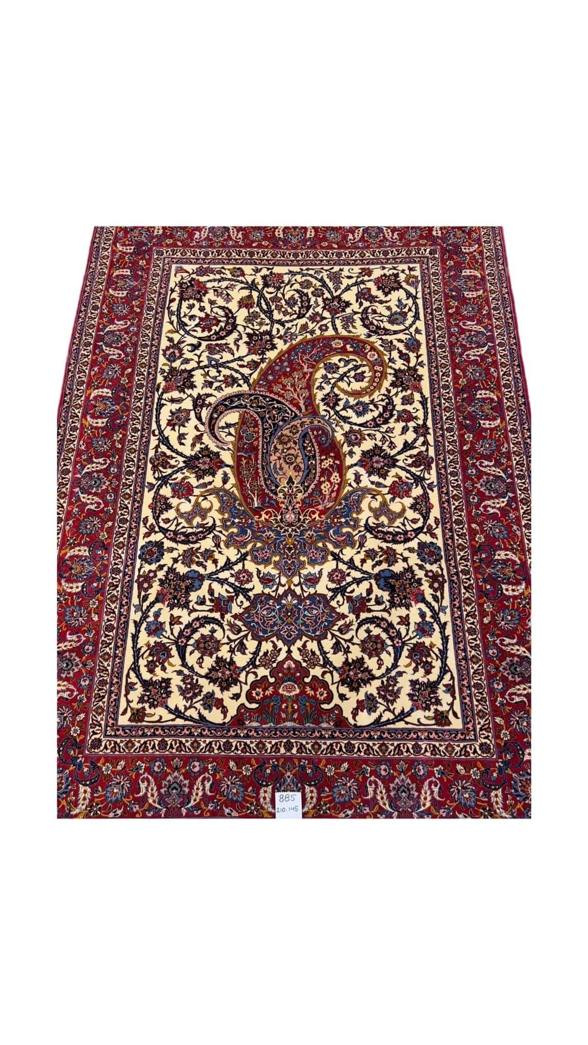 Detailed view of Isfahan Persian rug, 210 x 145 cm, with paisley design.